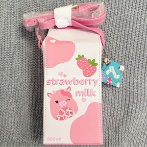 Squishmallows Strawberry Milk Carton Crossbody Bag Pink White Cow Calynda Purse